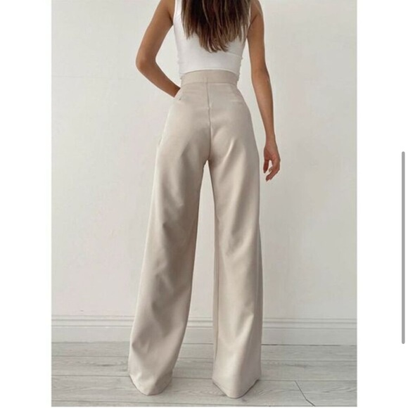 NWT Commense Palazzo Tied Wide Leg Dress Pants Size Small Tan Tie Detail - Picture 5 of 6